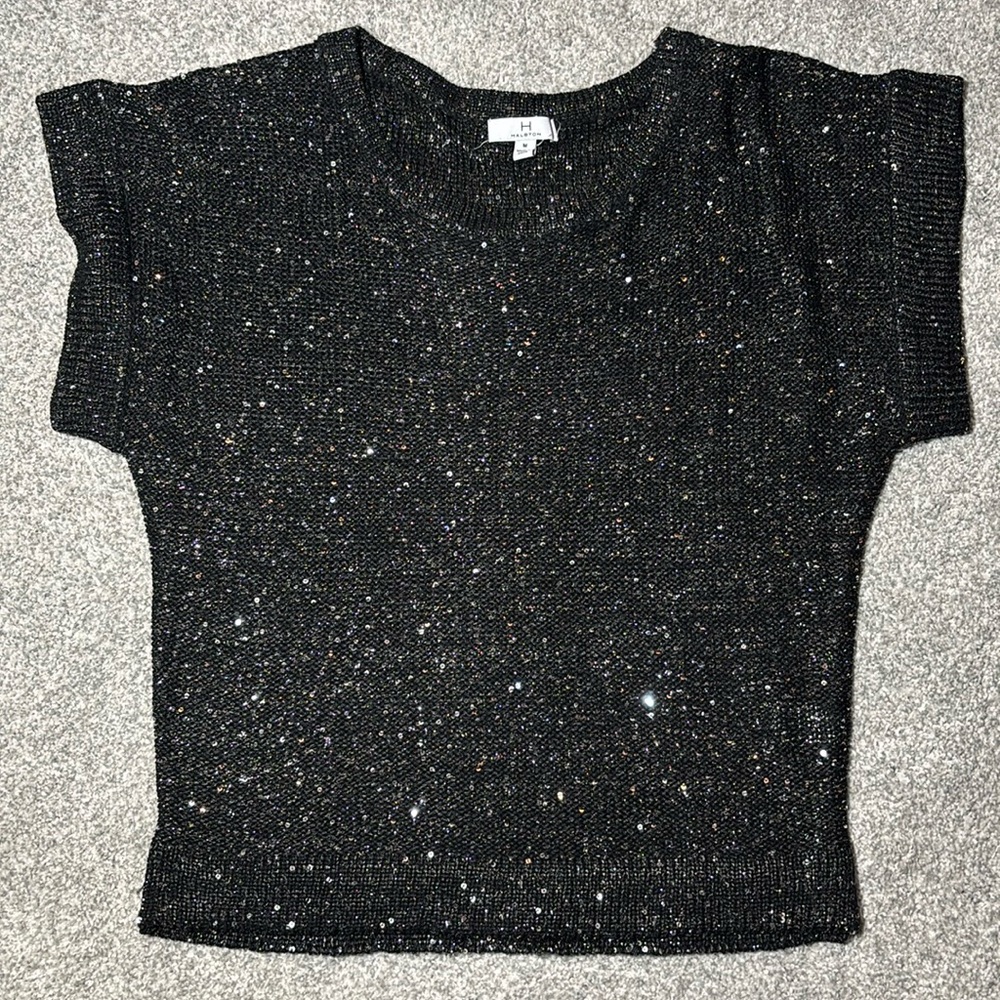 H for Halston black sequin sparkle short sleeve sweater blouse women’s medium